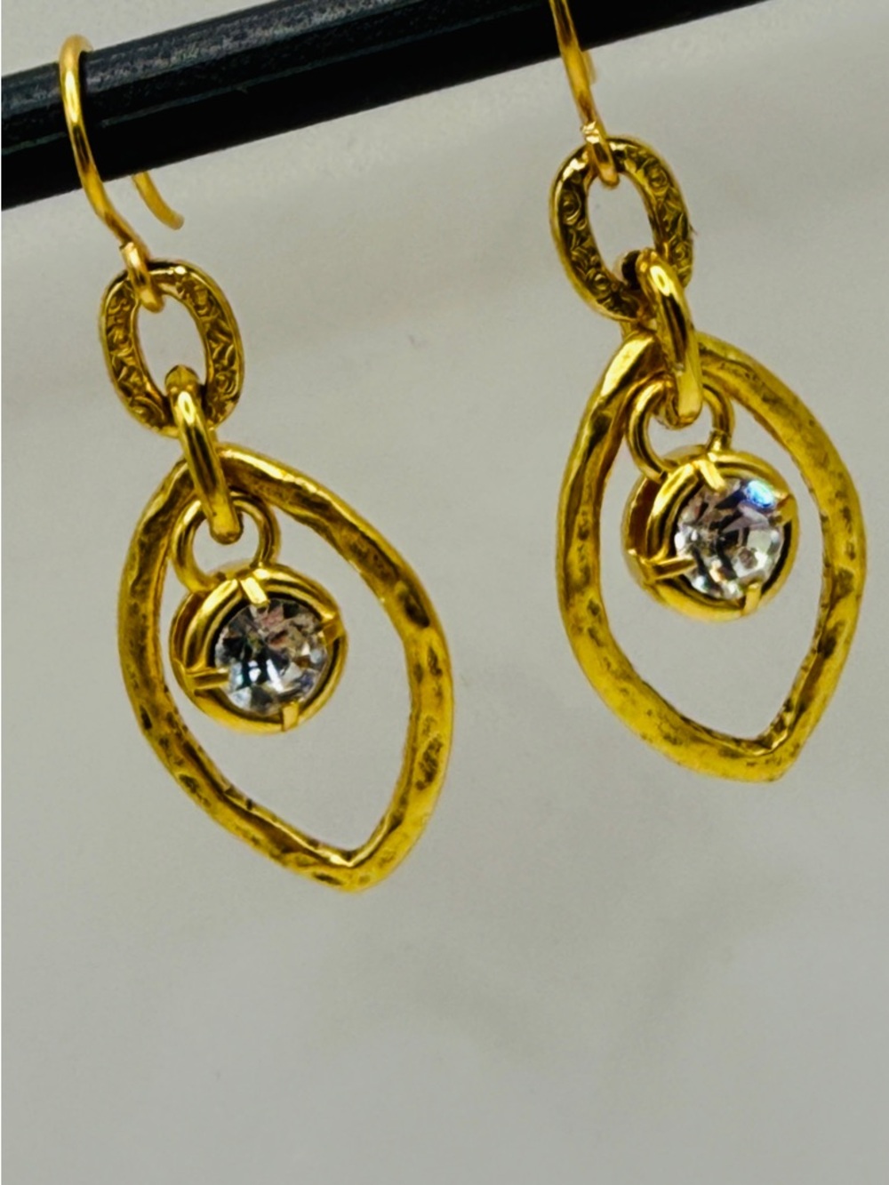 Gold Drop Earrings with Clear Crystal Accent - Picture 3 of 4